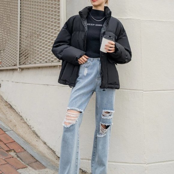 Contemporary Zip up Drawstring Hem Flap Pocket Puffer Coat Comfy fall winter - Picture 10 of 11